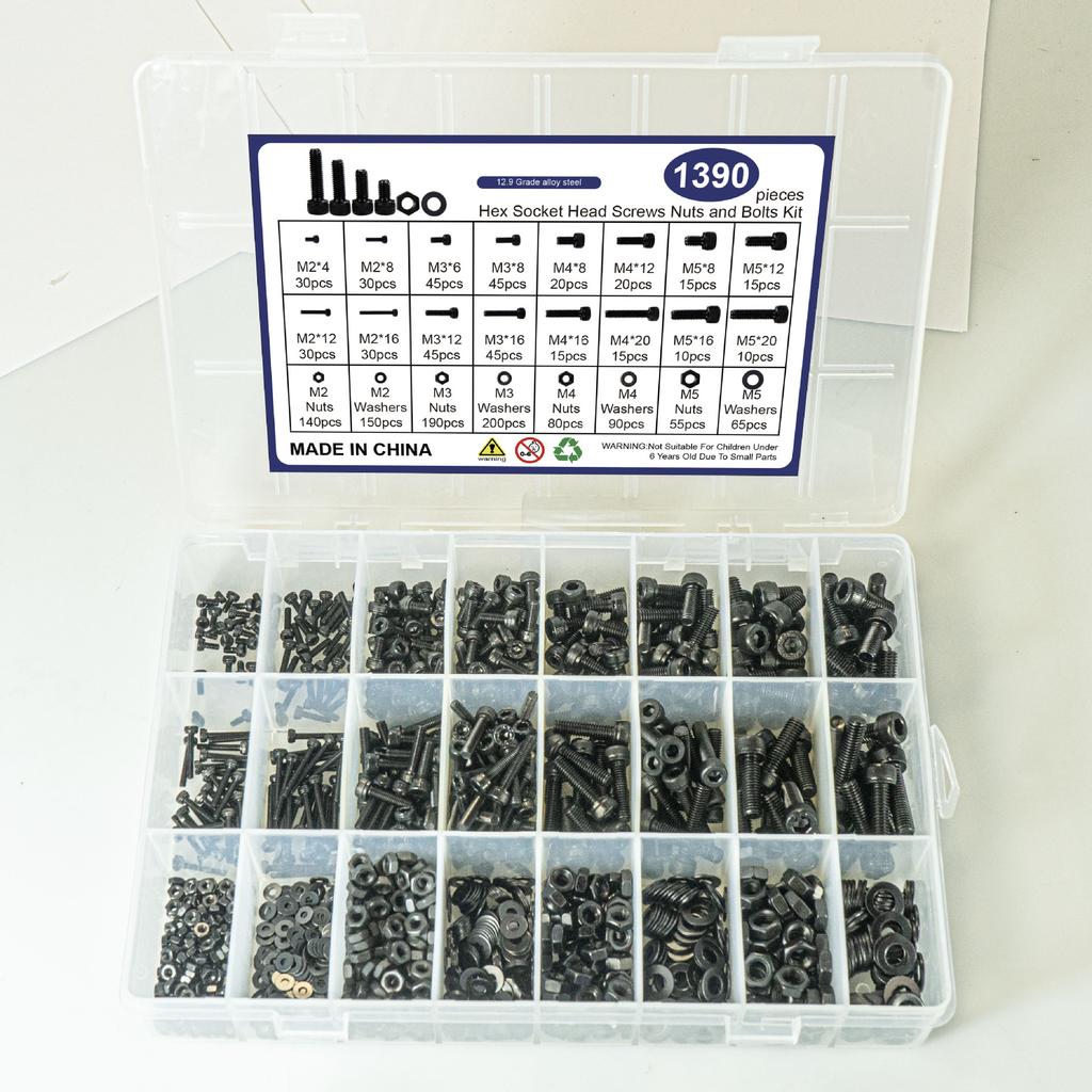 1390 Stück schwarz Güte 12.9 Zylinderkopf Innensechskant mit Unterlegscheibe Mutternsatz Zylinderkopfschraube Box