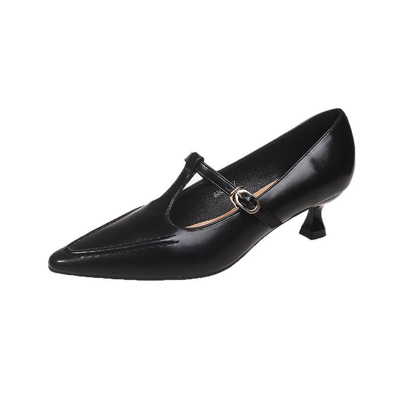 2025 spring new thin heel light mouth Mary Jane high heels pointed solid color one pedal French pointed low heels