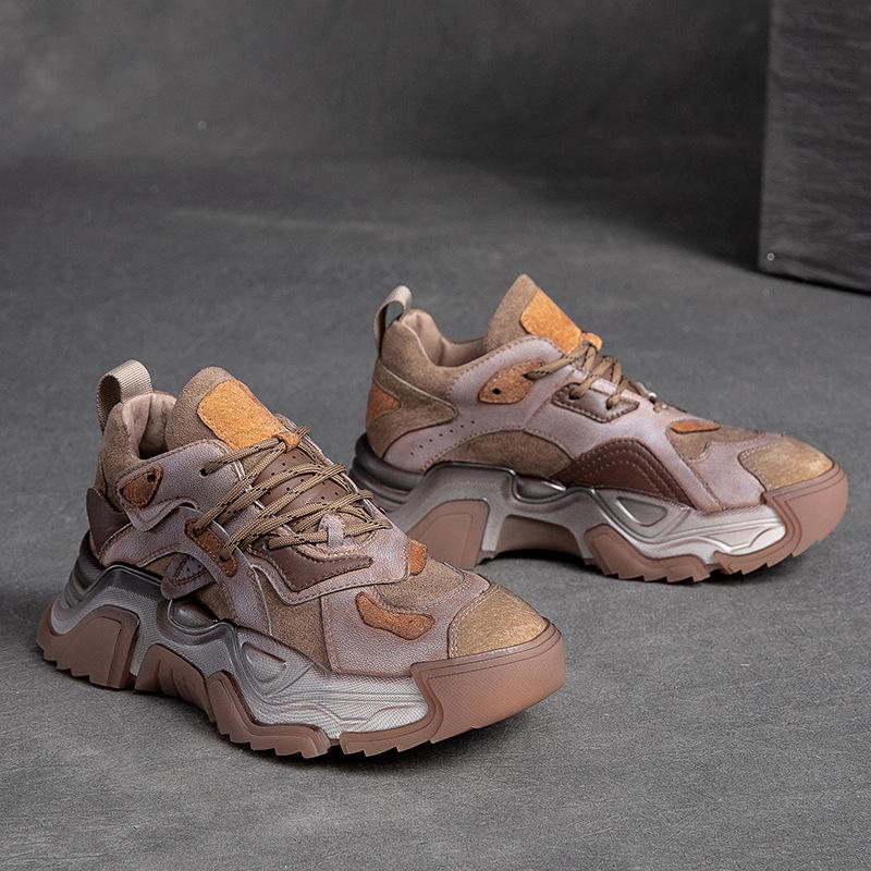 Johnature Genuine Leather Shoes Women Sneakers Lace-up Retro Mixed Colors Spring Handmade Concise Platform Sneakers