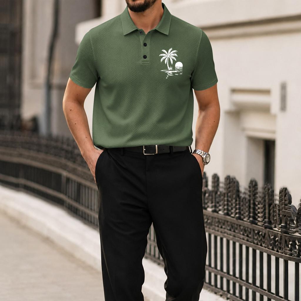 Men Short Sleeve Polo Shirt with Turn Down Collar and Printed Pattern Lightweight Breathable Casual Summer Top