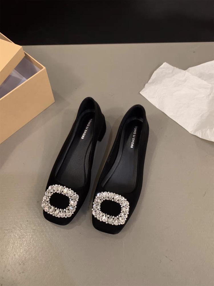 French Medium High Heel Black Square Head Rhinestone Single Shoes Women's Shoes 2025 New Autumn and Winter Red Wedding Shoes Evening Shoes