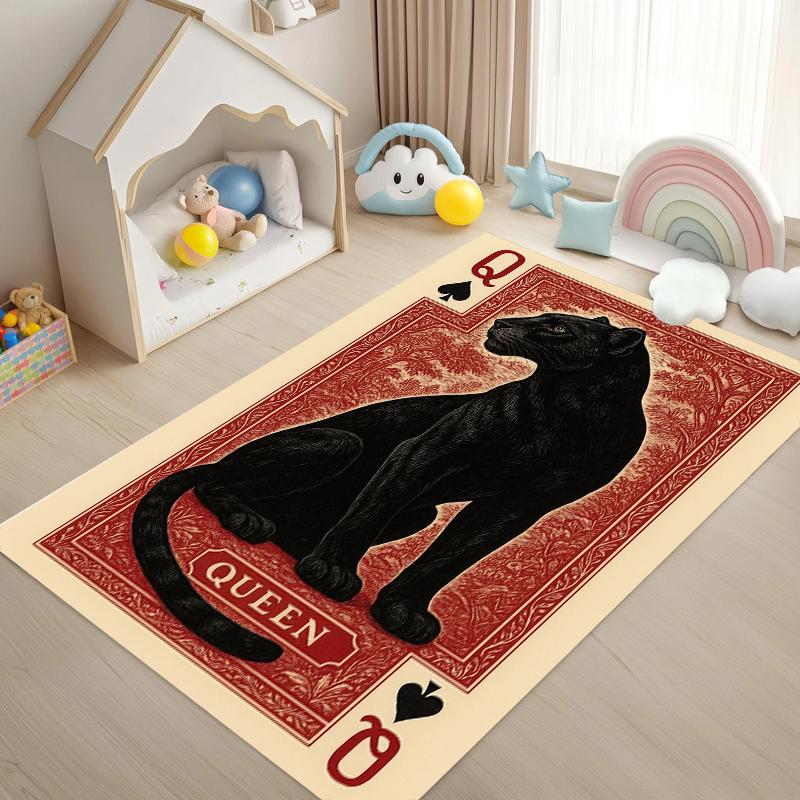 

Red Background Playing Card Leopard Rug Carpet Mat Non-Slip for Living Room Bedroom Retro Home Decor 40x60cm