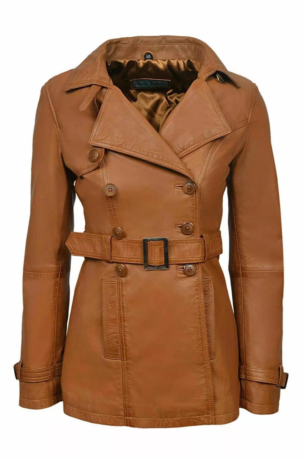 

HOT Women Trench Coat Brown Leather Handmade Lambskin Genuine Stylish Wear Soft S коричневий