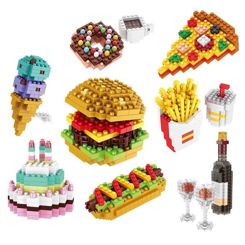 Fast Food Burger Mini Building Blocks DIY French Fries Donuts Birthday Cake Model Building Toys for Kids Educational