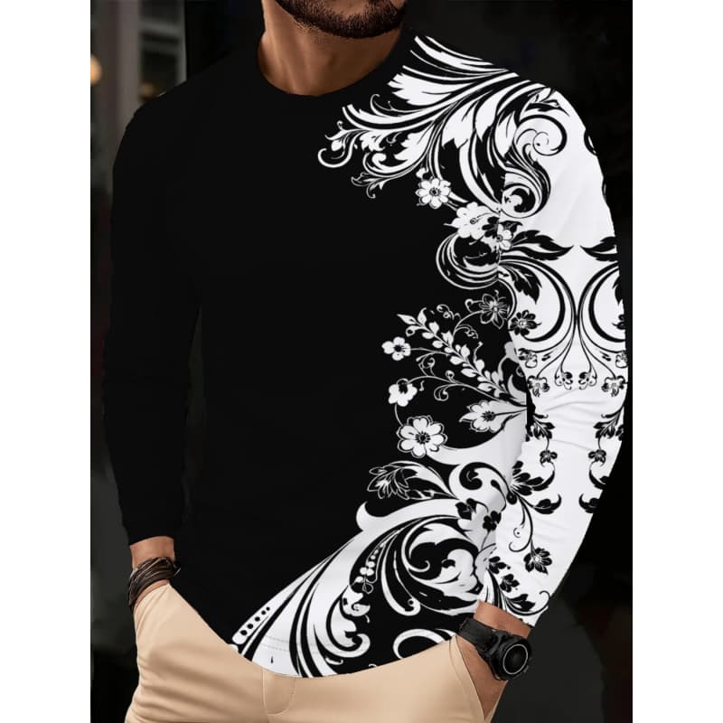 Men's Casual Autumn and Winter Printed Long-sleeved Crew Neck T-shirt