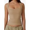 Women square neck wide strap ruched tank top solid white slim casual camisole