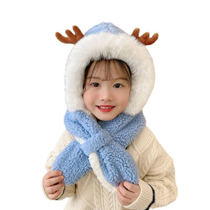 Kids Winter Warm Fleece Hooded Scarf With Deer Antlers Cartoon Design Girls - Chunky Knit Neck Warmer