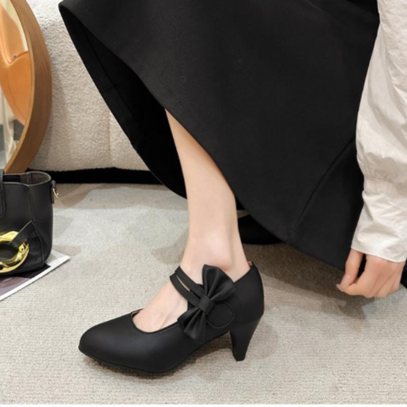 Fashion 2024 Korean Fashion Pointed Toe Women's High Heels Elegant Bow Wedding Bridal Shoes Comfortable Thick Heel Ladies Formal Shoes