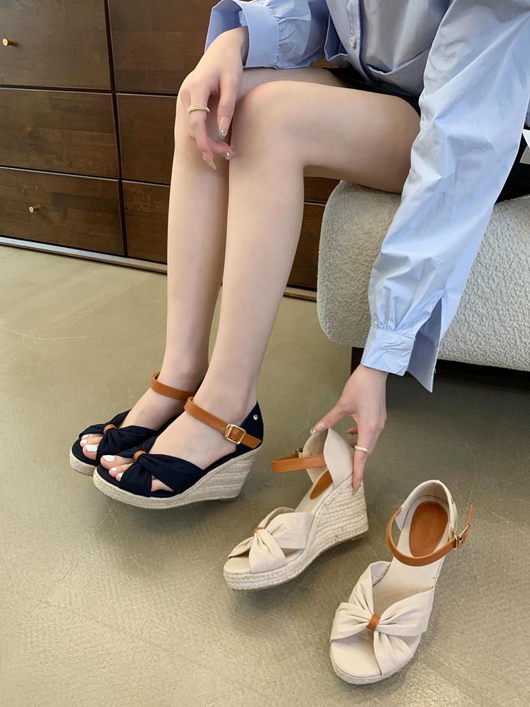 fashion Peep Toe Women Sandals Beige/Blue Summer Dress Shoes Ankle Strap Belt Buckle Wedge High Heels ELegant High Heels Party Sandals