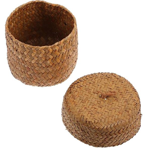

DOITOOL Mini Round Seagrass Basket with Lid, Hand Woven Basket for Empty Decorative Wicker Storage Basket with Lids for Organizing, Tabletop жовтий