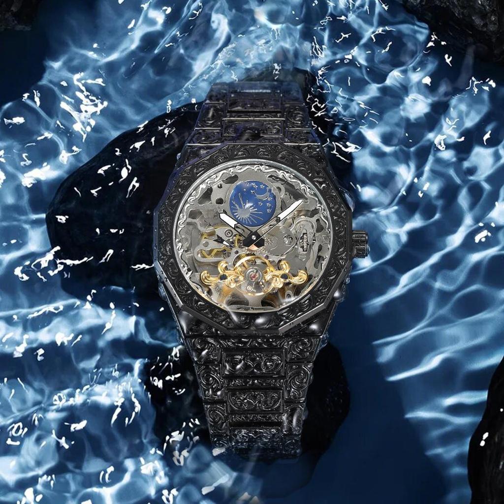 FORSINING Mens Luxury Engraving Wrist Watches Unique Tattoo Pattern Carved Stainless Steel Band Luminous Automatic Skeleton Watch