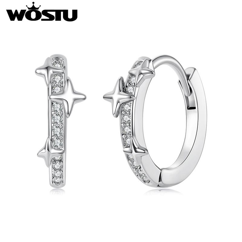 WOSTU Top Quality Star Huggie Earrings with 925 Silver Needle Wedding Zircon Hoop Earrings Hypoallergenic Party Daily Wear Gift