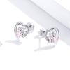 Silver heart earrings with pink paws, 925 silver studs