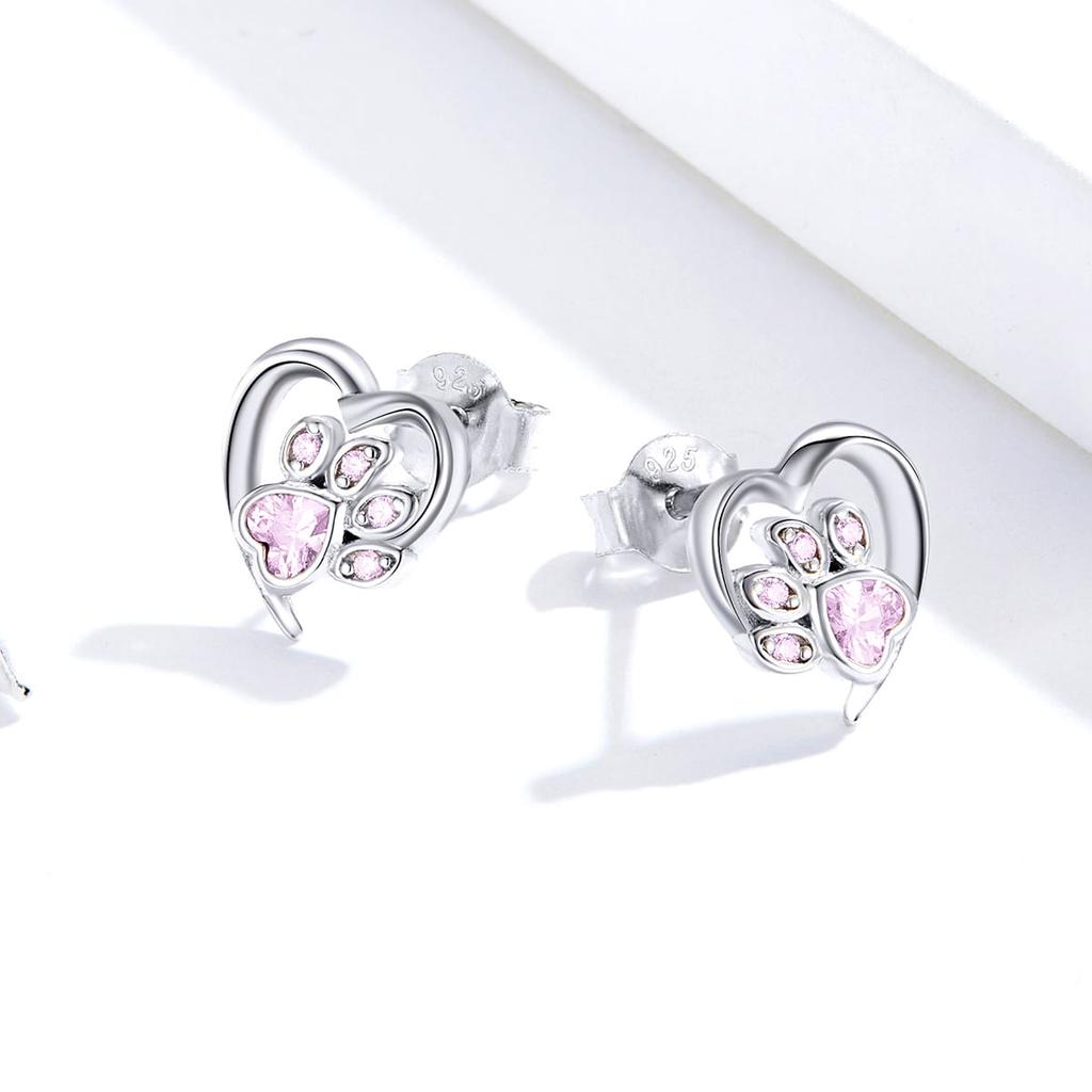 Silver heart earrings with pink paws, 925 silver studs