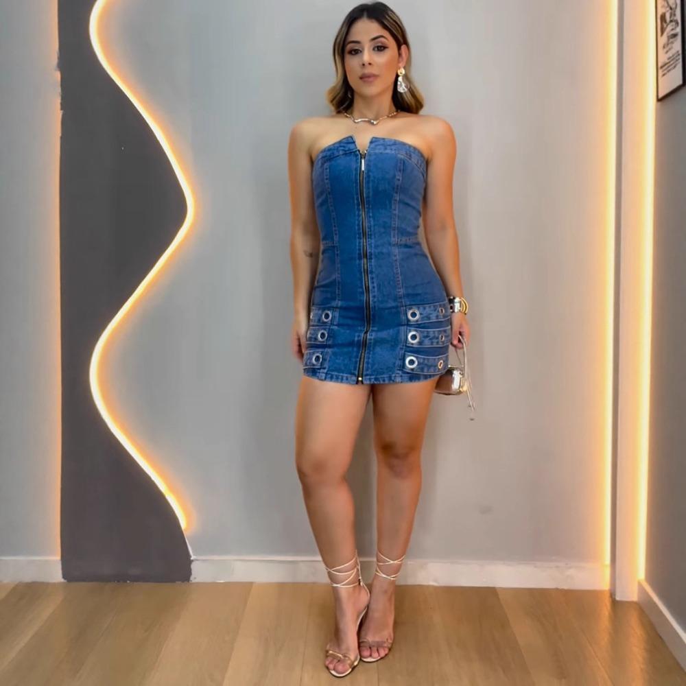Women's Strapless Sleeveless Mini Denim Dress Bodycon High Waist Streetwear Metal Eyelet Zipper Denim Dress