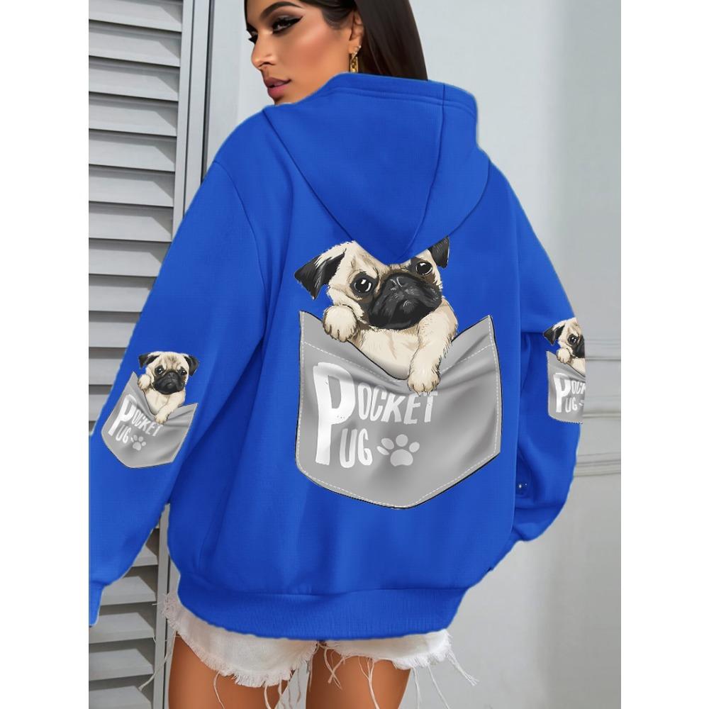 Pocket Pug Hoodies Women Cartoons dog Prints Hooded Loose Pockets Sweatshirts Winter Fleece Warm Tops