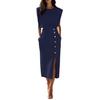 Cross-border Europe, America and  Amazon Fashion Apricot Round Neck Waist Split Button Summer Dress Women