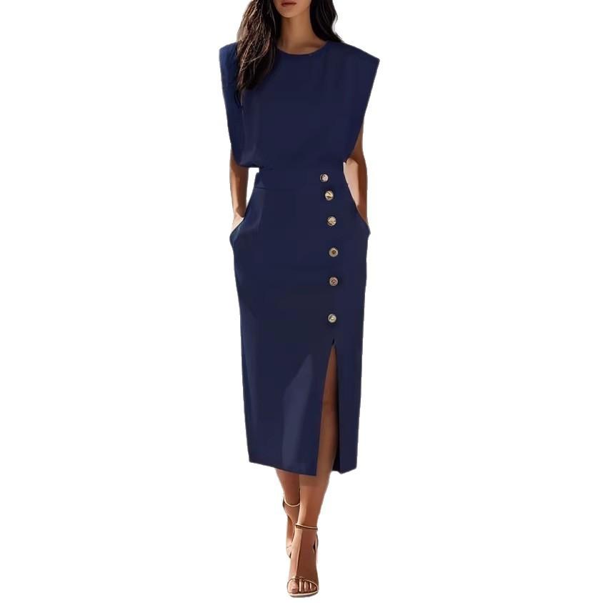 Cross-border Europe, America and  Amazon Fashion Apricot Round Neck Waist Split Button Summer Dress Women