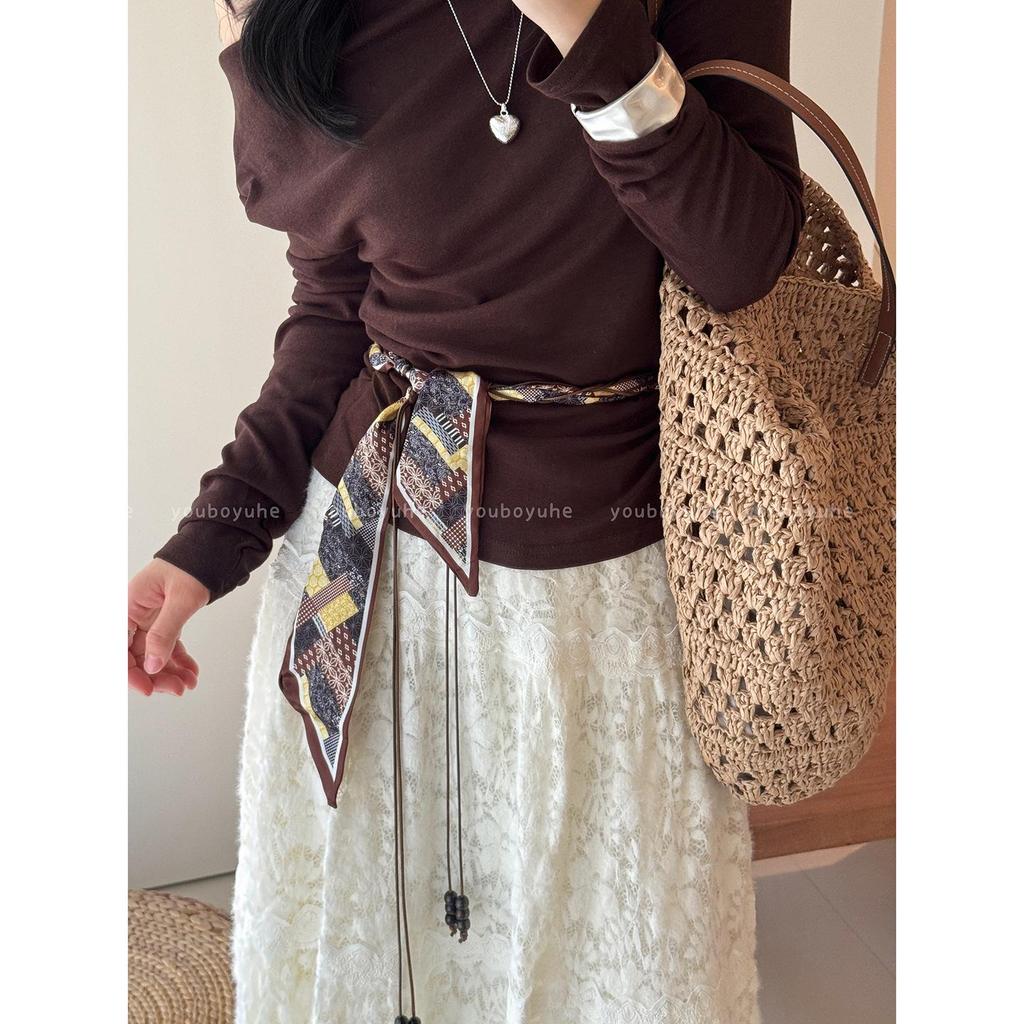 Damski Retro Brązowy Jedwabny Szal Pasek Paisley z Wzorem Łańcucha Dżinsowego