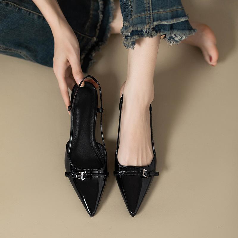 Summer French Wine Red Pointed Patent Leather Mid-heel Overhead Sandals for Women Retro Skinny Heel Back Empty Shoes