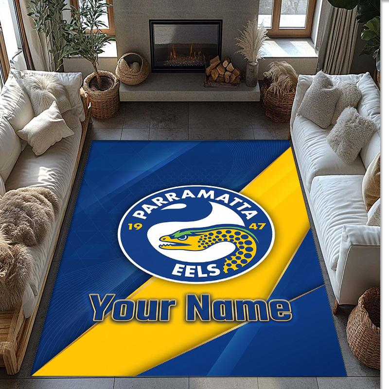 Parramatta Eels Crystal Velvet Rug, Custom Name Text Personalized Non‑Slip Floor Mat for Home Decor Gift