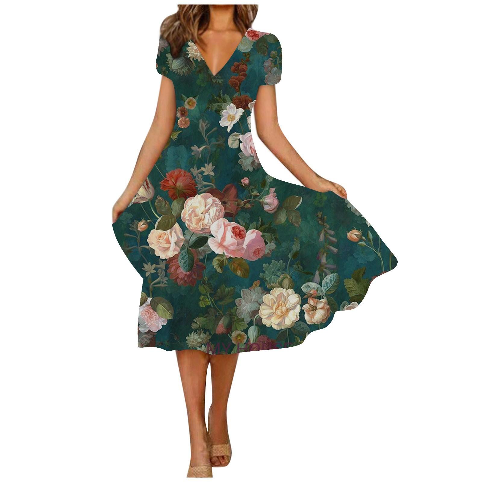 Женское летнее повседневное модное свободное платье с коротким рукавом и v-образным — фото 3