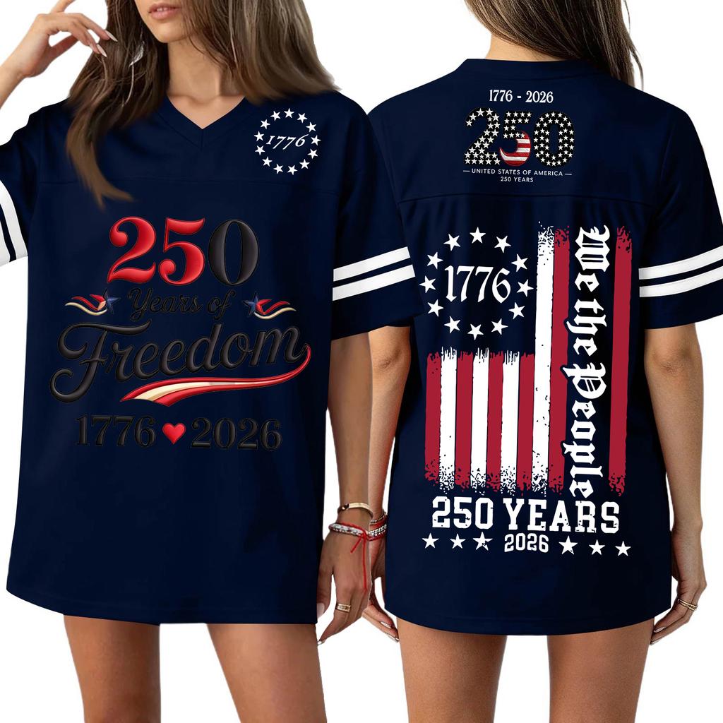 Women Casual V Neck Jersey Shirt 250 Years Anniversary Print Short Sleeve Athletic T Shirt Top for Independence Day Celebration