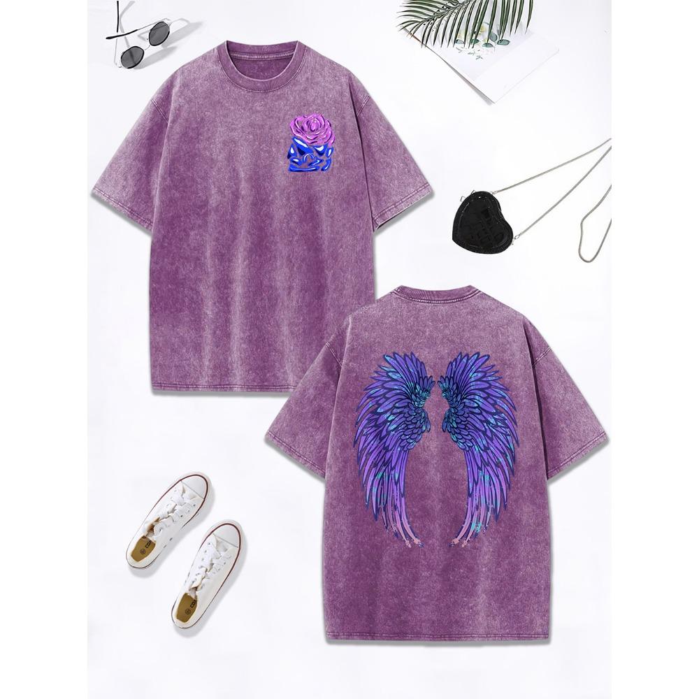 Cool Purple Creative Wings Rose Prints Washed T-Shirt Women Cotton Oversized T Shirt Distressed O-Neck Tops Clothes