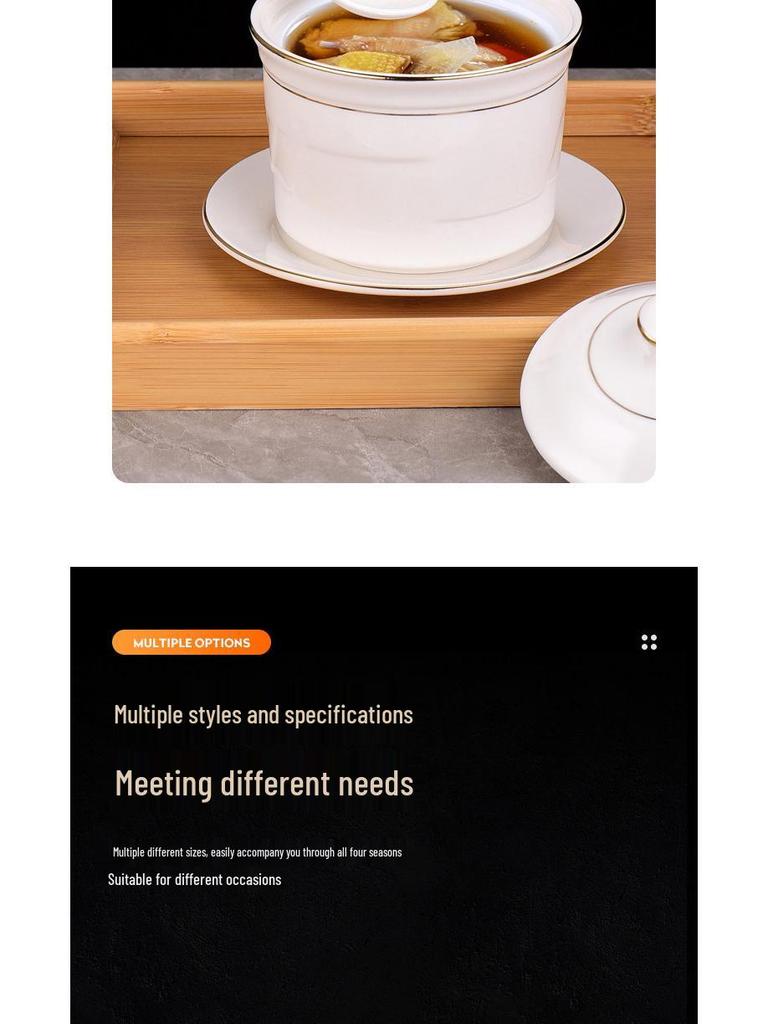 Pure White Ceramic Stew Pot with Lid - Chinese Shaxian Style Soup & Steam Pot, Gold Rimmed.