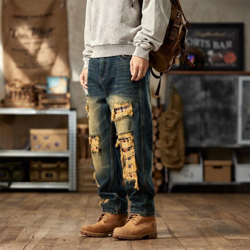 American Vintage Style Trendy Brand Spring and Autumn Updated Comfortable Fit Personality Ripped Patch Harlan Jeans