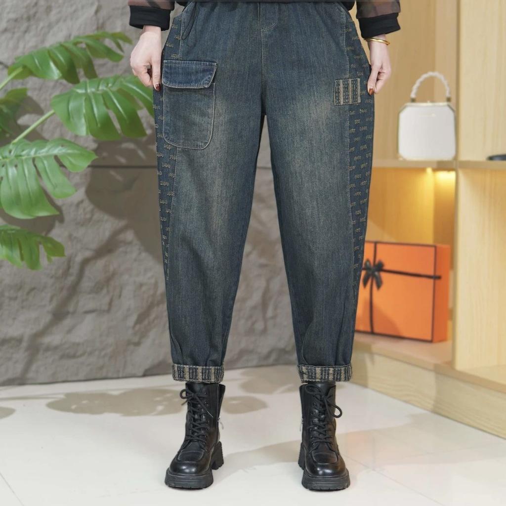 Damen Jeans im Vintage-Stil, Mode-Taschen-Denimhose, Herbst, Freizeit-Haremjeans für Damen