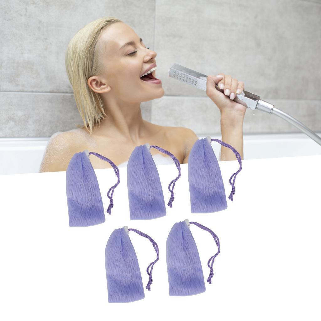 5 Stück Netz Seifensäckchen Sparbeutel Lila Schaumnetz mit Kordelzug Körper Gesichtsreinigungs-Werkzeug