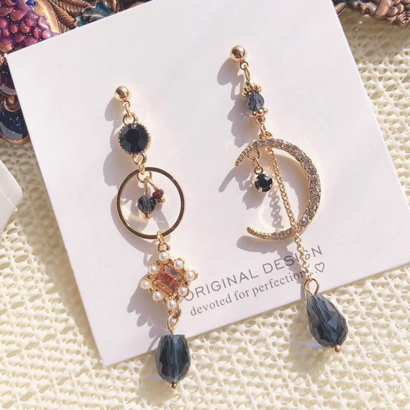 Sweet Shiny Crystal Geometric Circular Drop Earrings Long Asymmetric Fine Moon Modelling Fashion Women Earrings