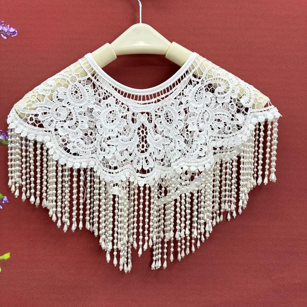 Decorative Vintage Pearl Tassel Shawl Lace Trim with Pearl Tassel False Collar Handmade Detachable Collar Bridal