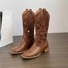 Botas Western Cowboy Bordadas de Couro Macio Femininas - Marrom Retrô Cano Médio Estilo Deserto de Verão (2025)