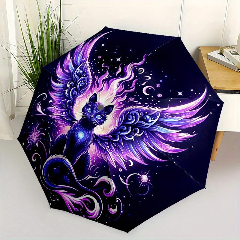 

Cosmic Cat, Celestial Wings Automatic Folding Umbrella 8 Ribs, Durable Iron Frame, Bright Color Pattern Compact Travel Umbrella, Suitable f