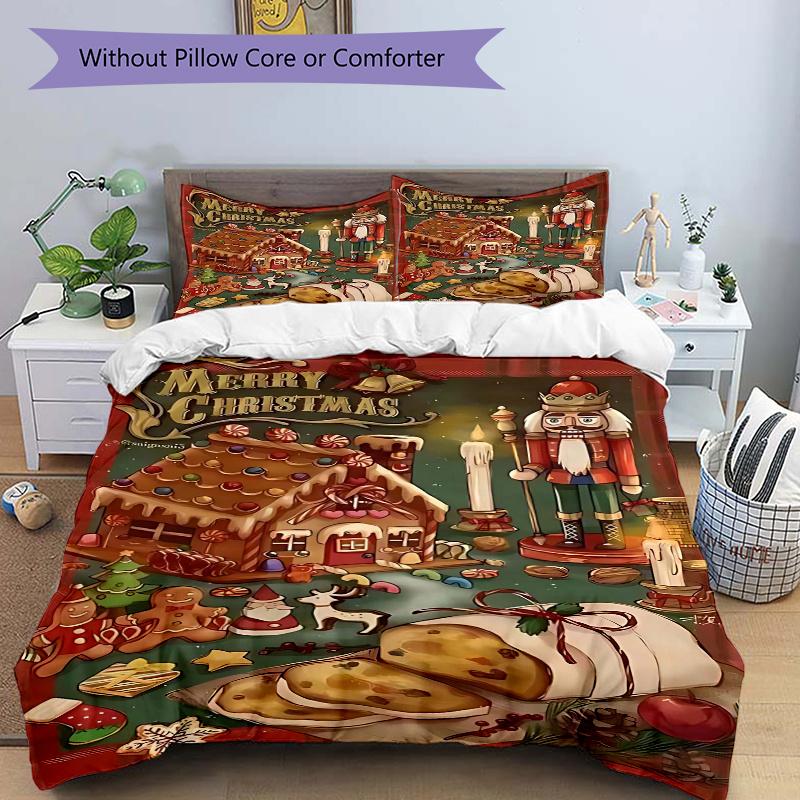 

3pcs Christmas Gingerbread House Bedding Set with One Quilt Cover and Two Pillowcases (No Core) - Festive Decorative Duvet Cover Set for Bedroom and G 135x200cm