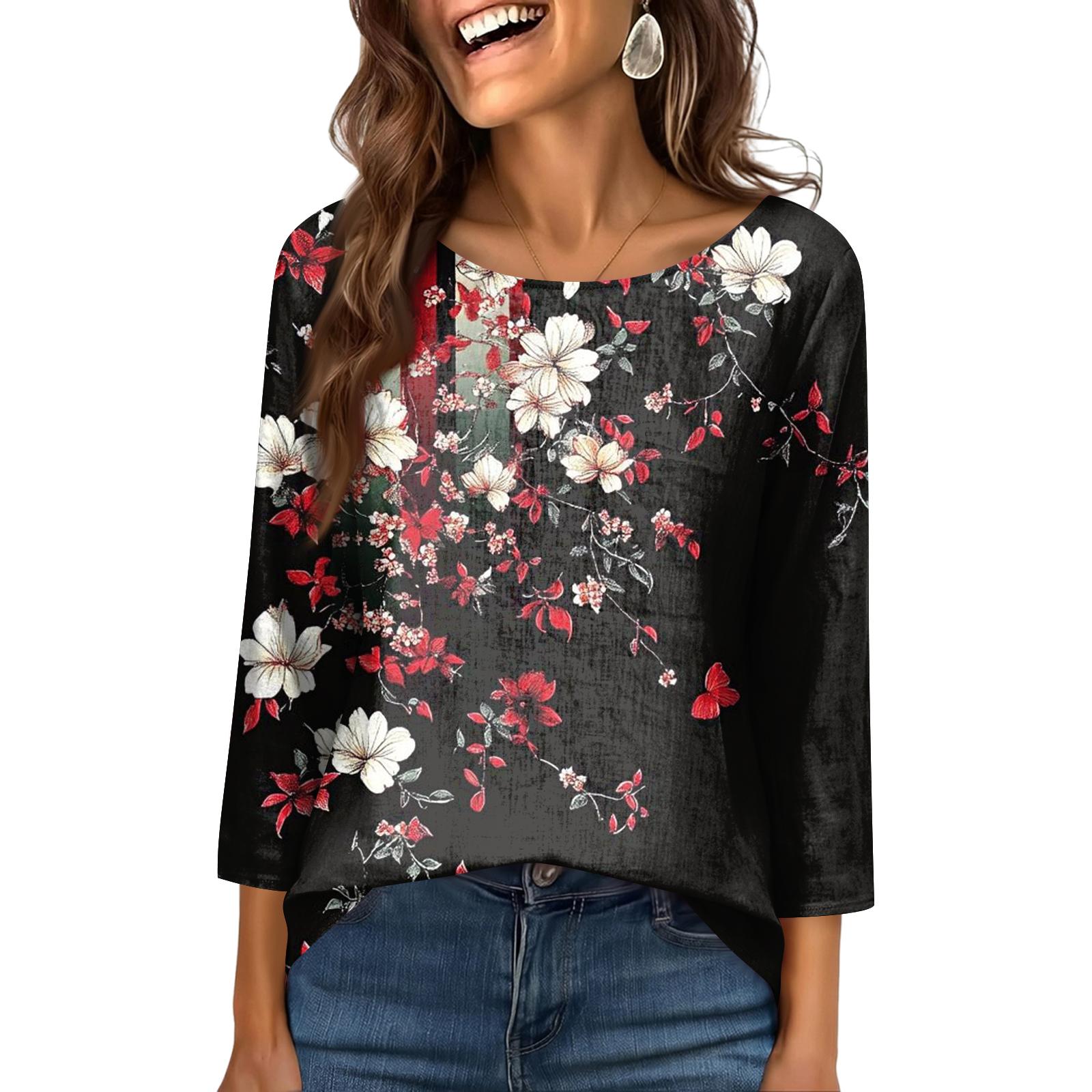 

Women s Fashionable Casual Round Neck 3/4 Sleeve Printed T-Shirt Top L червоний