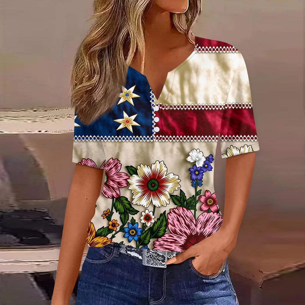 Women's Fashion Casual Independence Day Print V-Neck Short Sleeve Button-Up T-Shirt Top