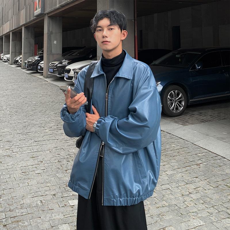 Men's Autumn Casual PU Leather Jacket Zipper Turn-down Collar Solid Color Long Sleeve Retro Jacket