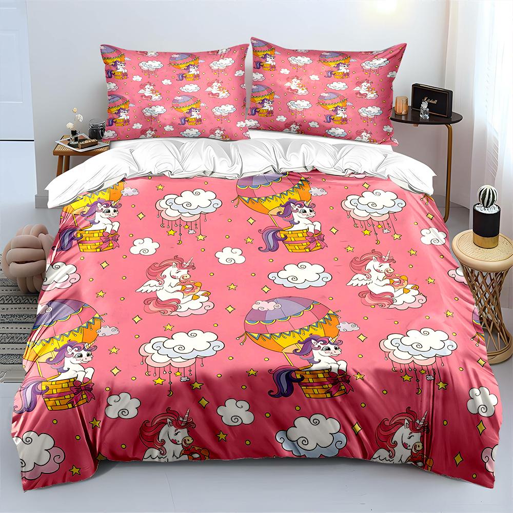 Pink Unicorns And Air Balloons Print Bedding Set 1 Duvet Cover 2 Pillowcases For Adult And Children Luxury Gift Full Size EU Twin 135X200cm&set