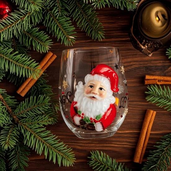 Weihnachtsgeschenk für Freunde Stielloses Glas, Santa Claus Dekoratives Trinkglas, Niedliche Wintergetränke Tasse Transparenter Wasserbecher Saisonal