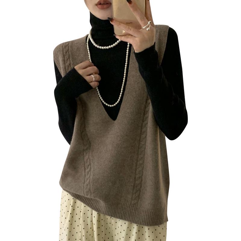 Colete Suéter Sem Mangas Feminino Casual com Decote em V, Tricô de Cabo 100% Lã para Sobreposição no Outono/Inverno