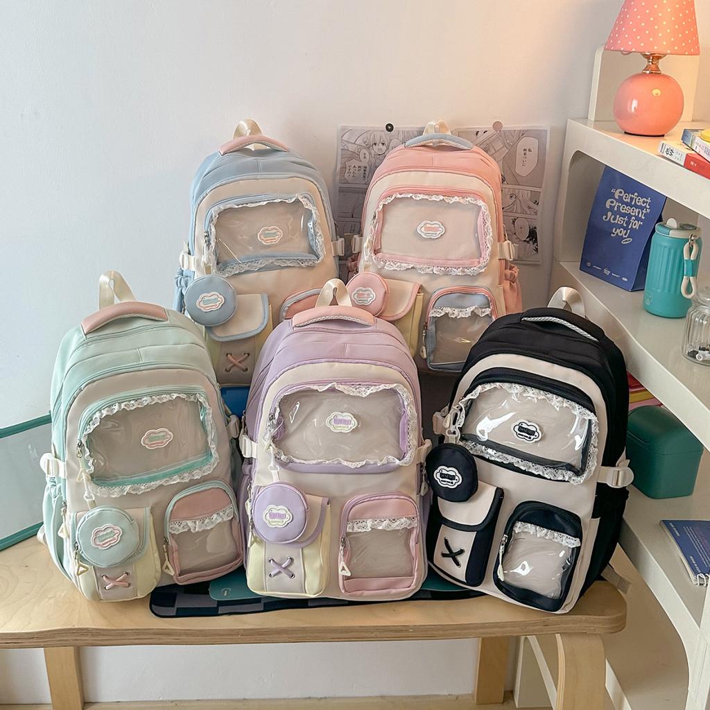 Schoolbag Japanese and Korean style cute girl heart high value transparent contrasting color large capacity junior high school students backpack 