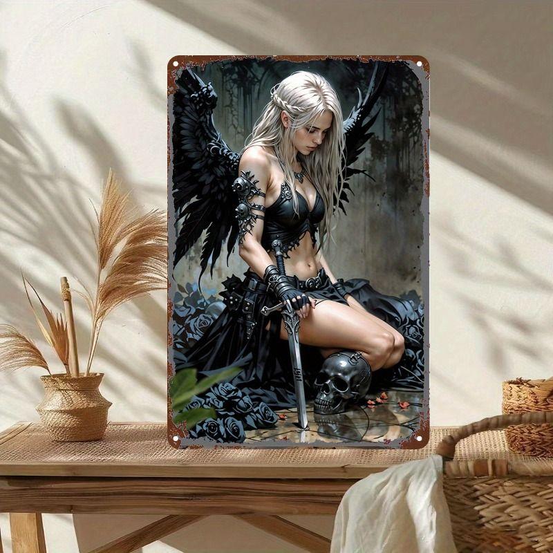 Gothic Angel Skull Sword Metal Wall Art Bar Home Decor Tin Sign Vintage Retro Painting