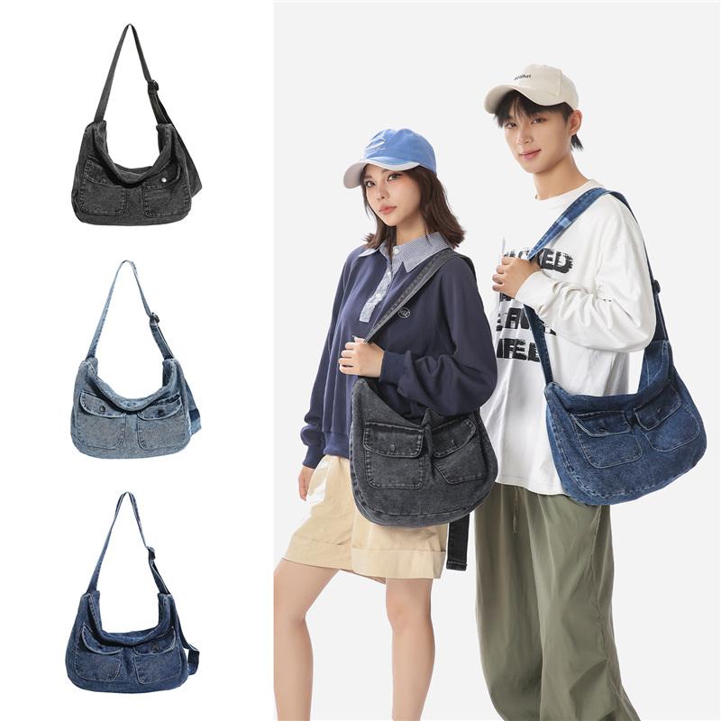 Borsa Hobo in Denim Lavato Vintage con Doppie Tasche Frontali a Pattina Borsa a Spalla Casual Morbida per Donne Quotidiana