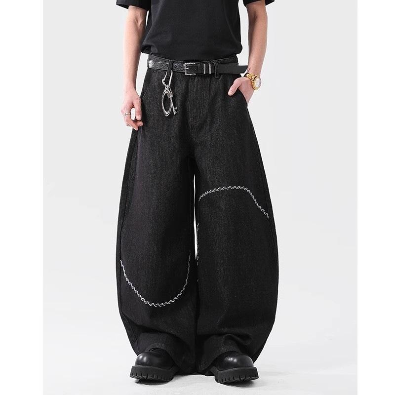 American retro embroidery design scimitar jeans men's solid color loose wide-leg casual floor pants