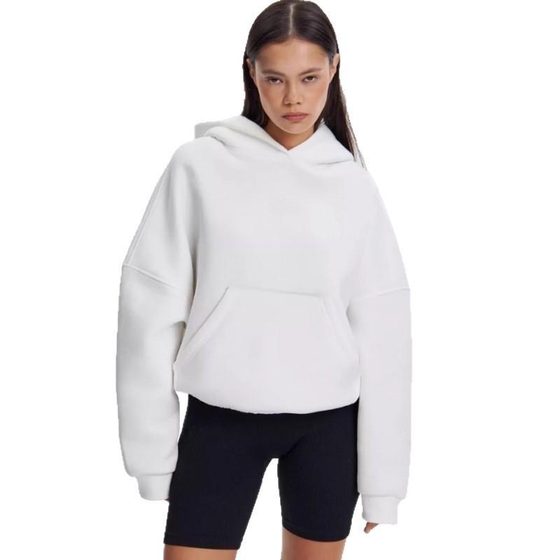 Womens Solid Color Hooded Sweatshirt Loose Fit Fleece Pullover Teens Casual Wear