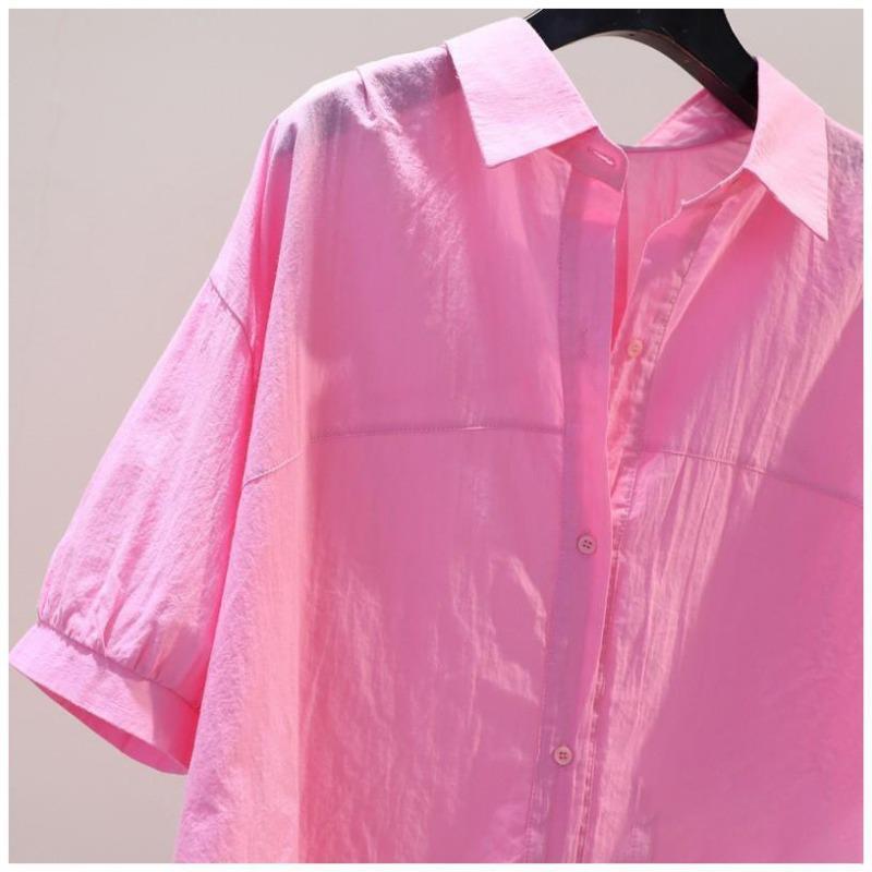 Women Casual Loose Turn Down Collar Short Sleeve Solid Shirt For Ladies
