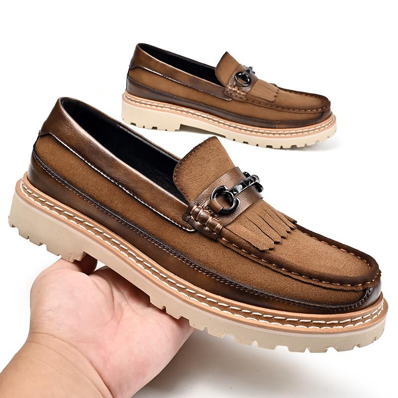 Fashion Vintage Brand Men Four Season New Tassel Thick Soled Fashionable Casual Shoes Men Anti Slip Wear-resistant Casual Leather Shoes